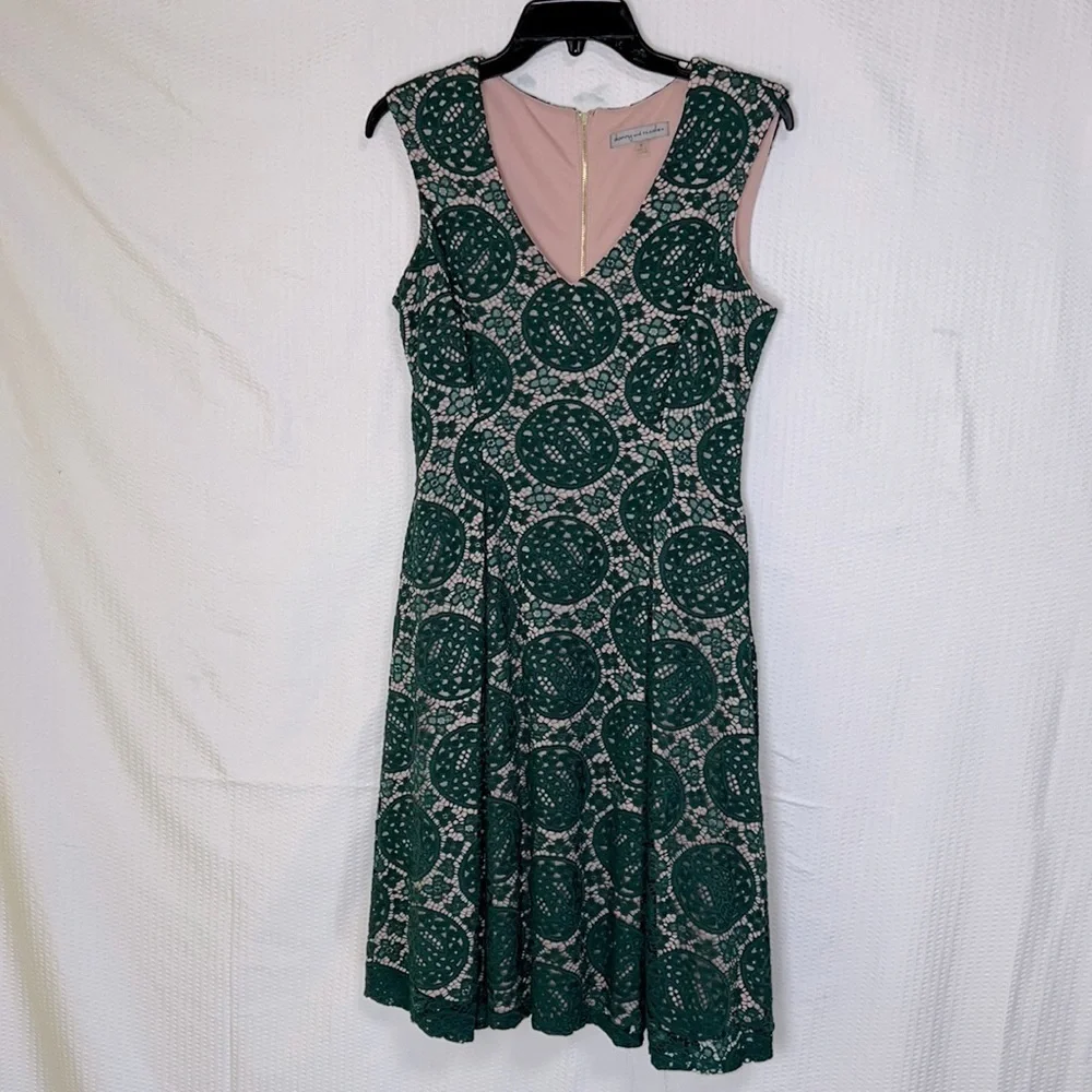 Danny and Nicole Green Crochet Lace A-Line Dress with Pink Underlay - Size 8